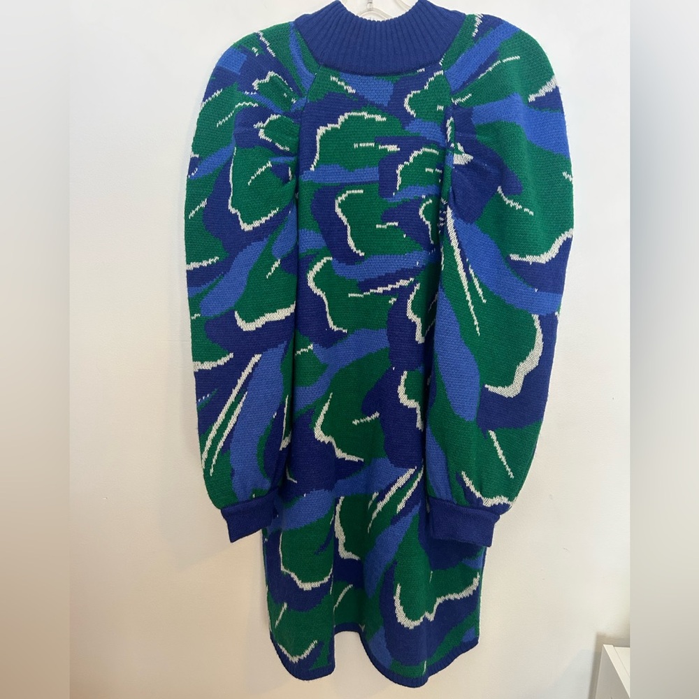 Farm Rio Knit Sweater Dress Balloon sleeves Size Large Floral Multi Color Blue